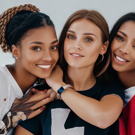 portrait+ style Three european women in t-shirts and two woman giving es to his on the cheek hug