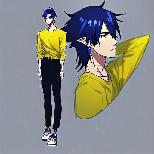  Makoto Shinkai style. A young handsome man is standing. one. the hair is blue.He is wearing black pants and a yellow shirt. sneakers in the ears of earrings. over-detailed face and nose and eyes