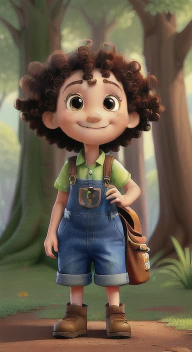  {The tree with a smiling face formed by its bark, looking down at Riley., Riley, a curious with big brown eyes and curly hair, wearing overalls and carrying a small backpack. Their friend, Skye, a bluebird with shiny feathers.