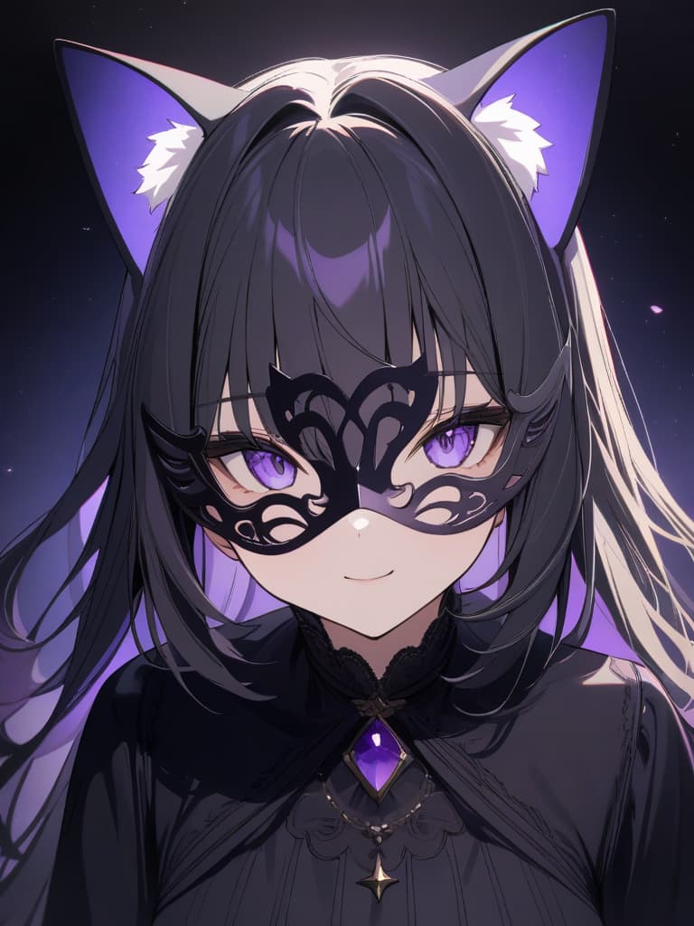  Iultra detailed:1.2,masterpiece:1.2,best quality,masterpiece,bestquality,hdr:1.1,8k:1.1,very cute girl:1.3:upper body:1.5,(large,cat masquerade mask:1.4),(black gown:1.3),black lip:1.2,purple moon:1.4,star night:1.4,seductive smile:1.8,face focus:1.4, masterpiece, best quality,8k,ultra detailed,high resolution,an extremely delicate and beautiful,hyper detail