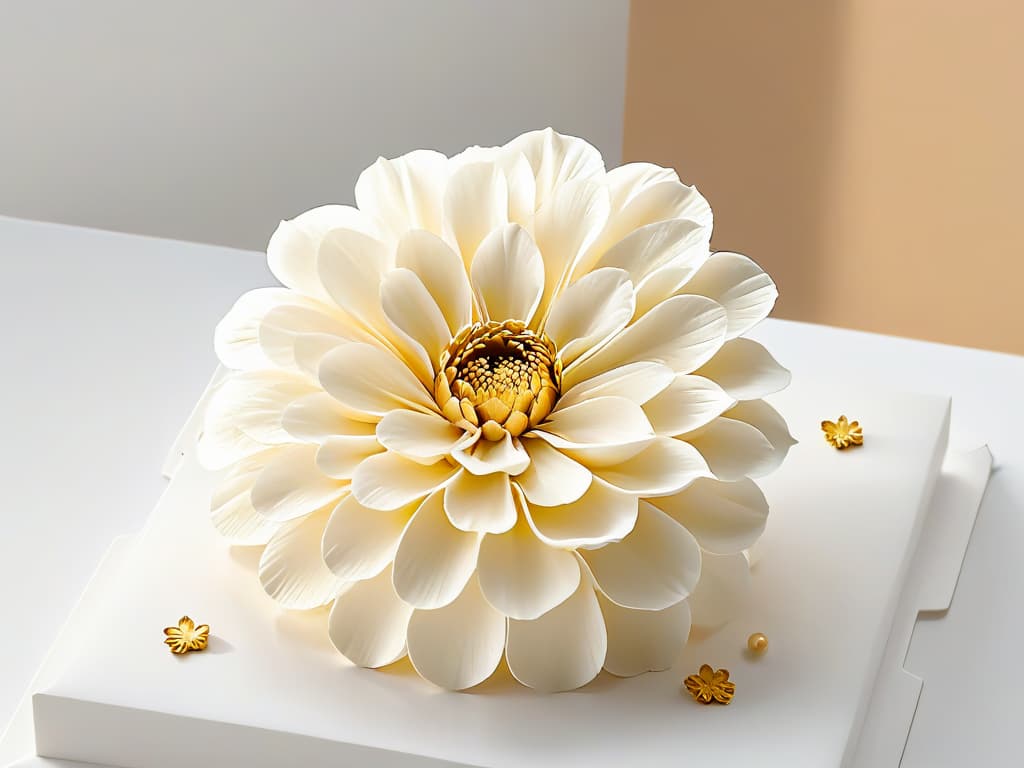  An intricately detailed sugar flower crafted with delicate layers of petals and shimmering gold accents, set against a clean white background to emphasize its elegant simplicity. hyperrealistic, full body, detailed clothing, highly detailed, cinematic lighting, stunningly beautiful, intricate, sharp focus, f/1. 8, 85mm, (centered image composition), (professionally color graded), ((bright soft diffused light)), volumetric fog, trending on instagram, trending on tumblr, HDR 4K, 8K