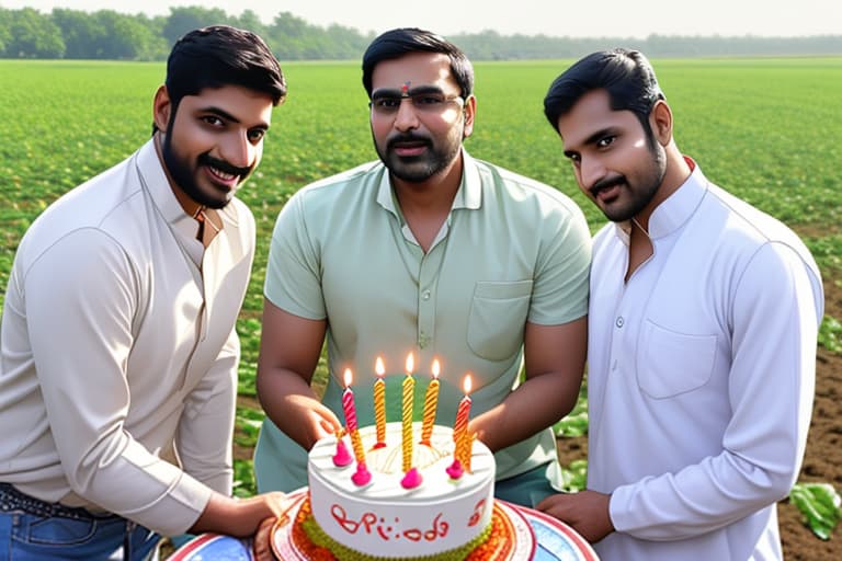  3 indian men are celebrating their birthday in a farm