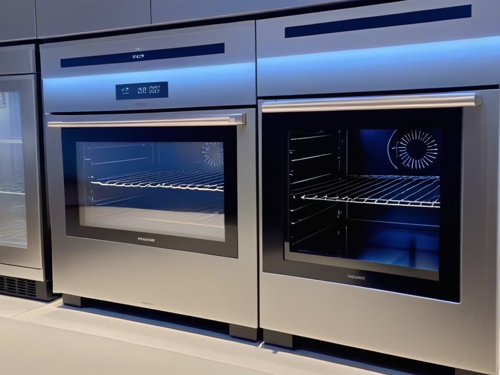  An ultradetailed image of seven sleek and modern convection ovens lined up side by side on a marble countertop, each displaying a different price tag ranging from budgetfriendly to highend luxury, with digital screens showing various baking settings and LED lights casting a soft glow on the pristine kitchen setting. hyperrealistic, full body, detailed clothing, highly detailed, cinematic lighting, stunningly beautiful, intricate, sharp focus, f/1. 8, 85mm, (centered image composition), (professionally color graded), ((bright soft diffused light)), volumetric fog, trending on instagram, trending on tumblr, HDR 4K, 8K