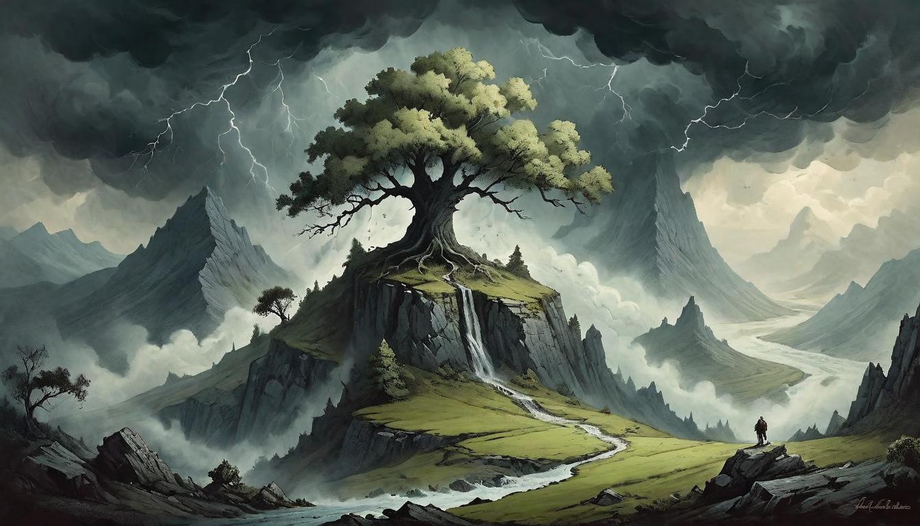  on parchment, surrealism+++, Majestic mountain in the thrall of a storm, solitary tree clinging to its slope, test of endurance, raw exposure, monumental patience, storm's challenge(mysterious, provocative, symbolic,muted color)+++