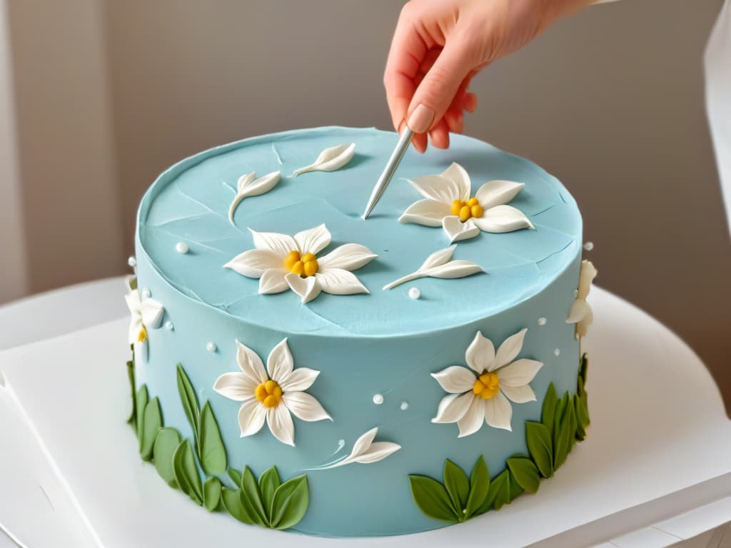  A closeup, ultradetailed image of a skilled baker's hands delicately sculpting intricate fondant flowers, showcasing the meticulous artistry and precision required in advanced cake decorating techniques. The image features a pristine white fondant canvas, with the baker's hands expertly shaping each petal and leaf with precision tools, capturing the essence of intricate fondant decoration in a minimalist and elegant style. hyperrealistic, full body, detailed clothing, highly detailed, cinematic lighting, stunningly beautiful, intricate, sharp focus, f/1. 8, 85mm, (centered image composition), (professionally color graded), ((bright soft diffused light)), volumetric fog, trending on instagram, trending on tumblr, HDR 4K, 8K