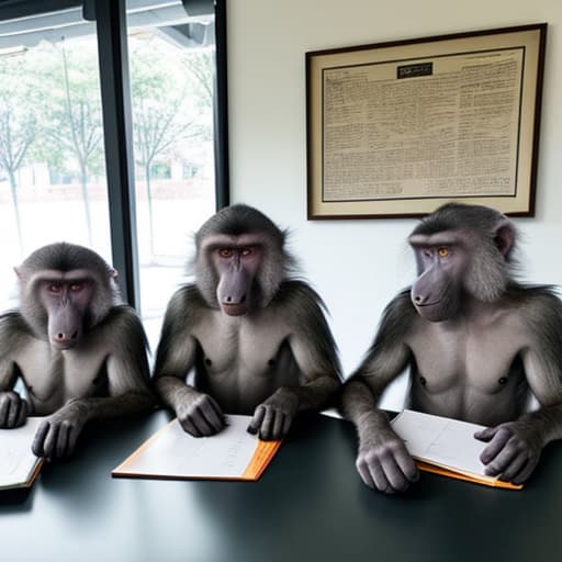  Three adult baboons sitting at a desk