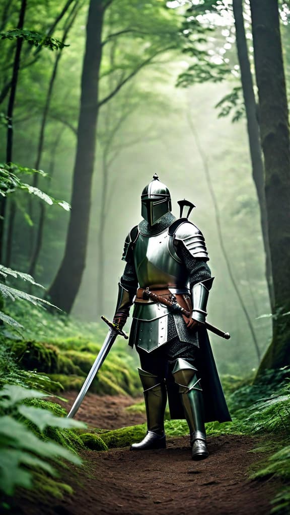  A medieval knight standing in a lush forest, sword drawn. hyperrealistic, full body, detailed clothing, highly detailed, cinematic lighting, stunningly beautiful, intricate, sharp focus, f/1. 8, 85mm, (centered image composition), (professionally color graded), ((bright soft diffused light)), volumetric fog, trending on instagram, trending on tumblr, HDR 4K, 8K