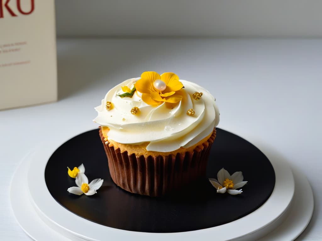  A closeup, ultradetailed image of a perfectly frosted cupcake, topped with delicate gold leaf flakes, vibrant edible flowers, and a single shimmering sugar pearl. The cupcake sits on a sleek, modern white plate against a matte black background, showcasing a harmonious blend of elegance and creativity in the world of pastry merchandising. hyperrealistic, full body, detailed clothing, highly detailed, cinematic lighting, stunningly beautiful, intricate, sharp focus, f/1. 8, 85mm, (centered image composition), (professionally color graded), ((bright soft diffused light)), volumetric fog, trending on instagram, trending on tumblr, HDR 4K, 8K