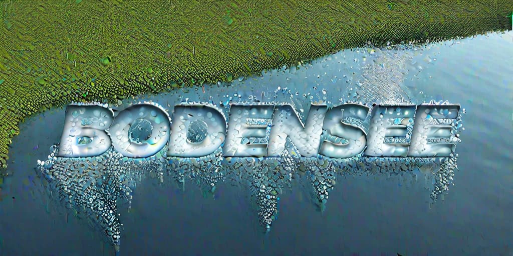  3D text "BODENSEE" made of water bubbles, floating above a lake, mountainous backdrop, high resolution photo style.