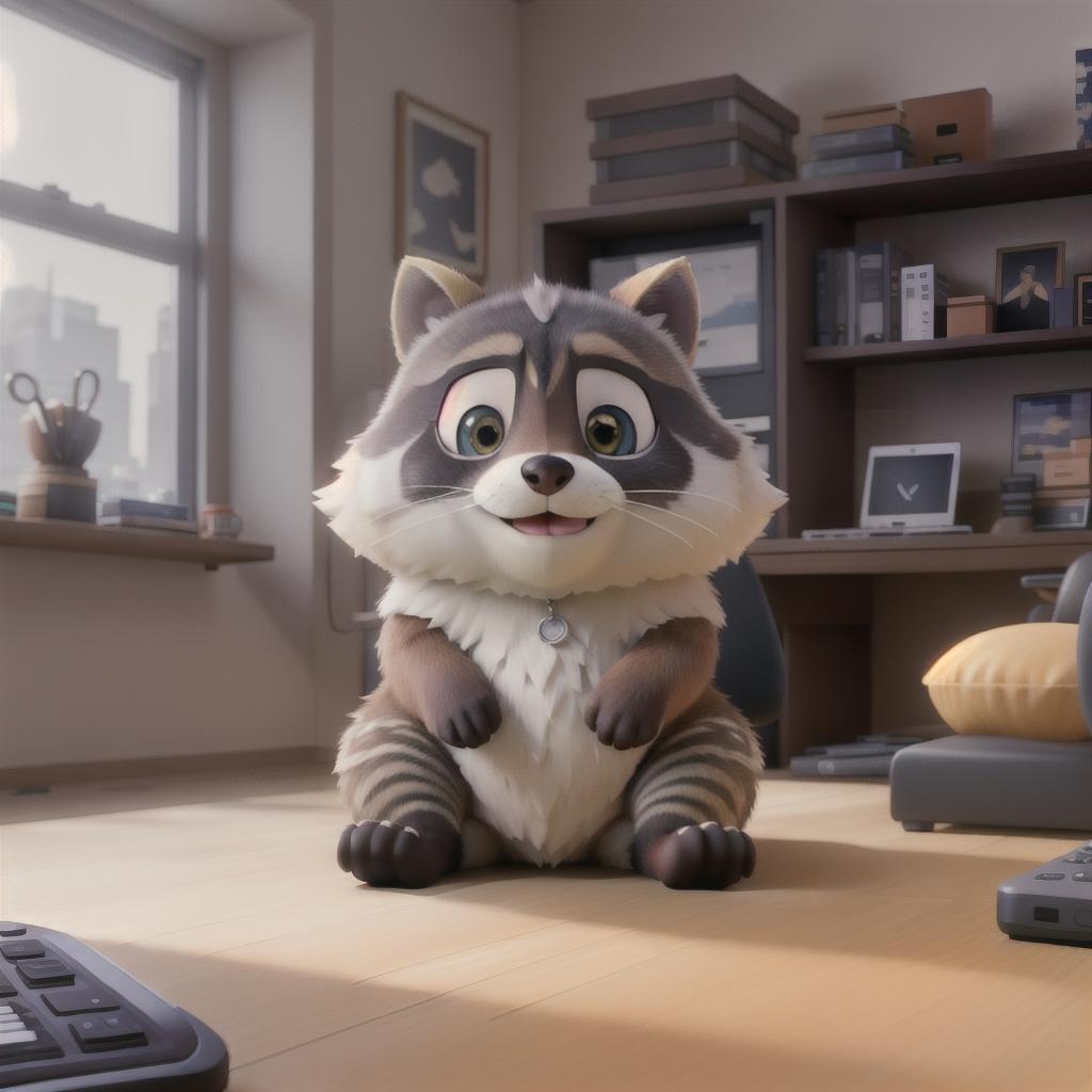  raccoon sitting in gaming chair front a computer on desktop, ((semi anthropomorphic)),(full body), tail, belly, sitting, fat, (chubby), (((white background))), solo, desktop, gaming chair, side view,  [[[clothes]]] hyperrealistic, full body, detailed clothing, highly detailed, cinematic lighting, stunningly beautiful, intricate, sharp focus, f/1. 8, 85mm, (centered image composition), (professionally color graded), ((bright soft diffused light)), volumetric fog, trending on instagram, trending on tumblr, HDR 4K, 8K