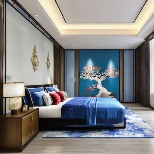  bedroom, oriental interior design, (masterpiece),(high quality), best quality, interior design, real, (realistic), super detailed, (full detail), (4k), 8k, color with blue,