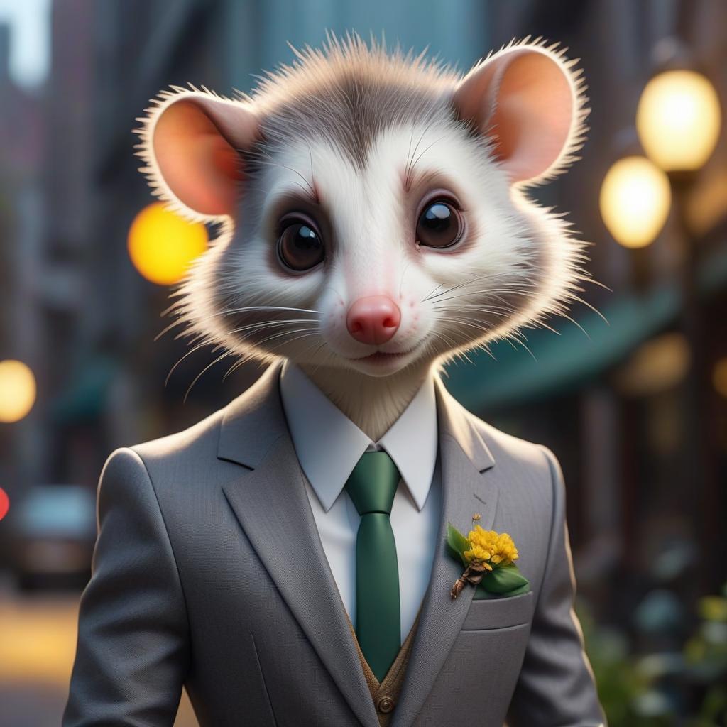  Draw an opossum in a suit and full height on a picture in anime style. Associate with Zelensky. hyperrealistic, full body, detailed clothing, highly detailed, cinematic lighting, stunningly beautiful, intricate, sharp focus, f/1. 8, 85mm, (centered image composition), (professionally color graded), ((bright soft diffused light)), volumetric fog, trending on instagram, trending on tumblr, HDR 4K, 8K