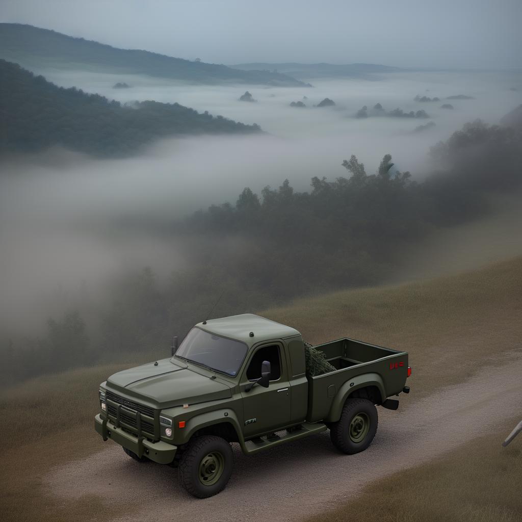  Masterpiece, best quality, masterpiece, 8k resolution, realistic, highly detailed. In a thick fog, the car looms in the fog, visibility is low, the army green Chase pickup truck is parked on a concrete hill slope, the picture angle looks out from the cab, the fog is shrouded.