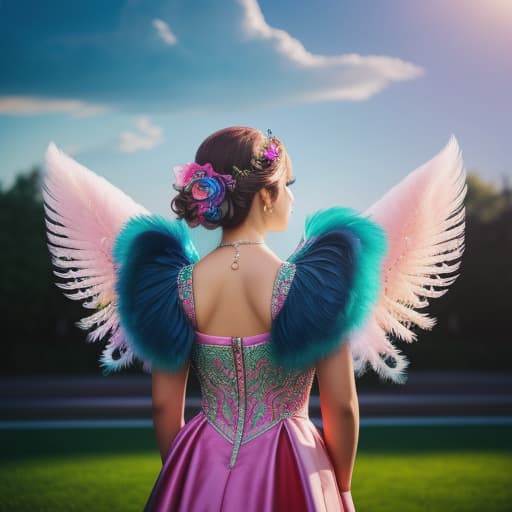  peacock feathers in the girls hair, angel wings, pink. halo, and clouds, hyperrealistic, high quality, highly detailed, cinematic lighting, intricate, sharp focus, f/1. 8, 85mm, (centered image composition), (professionally color graded), ((bright soft diffused light)), volumetric fog, trending on instagram, HDR 4K, 8K