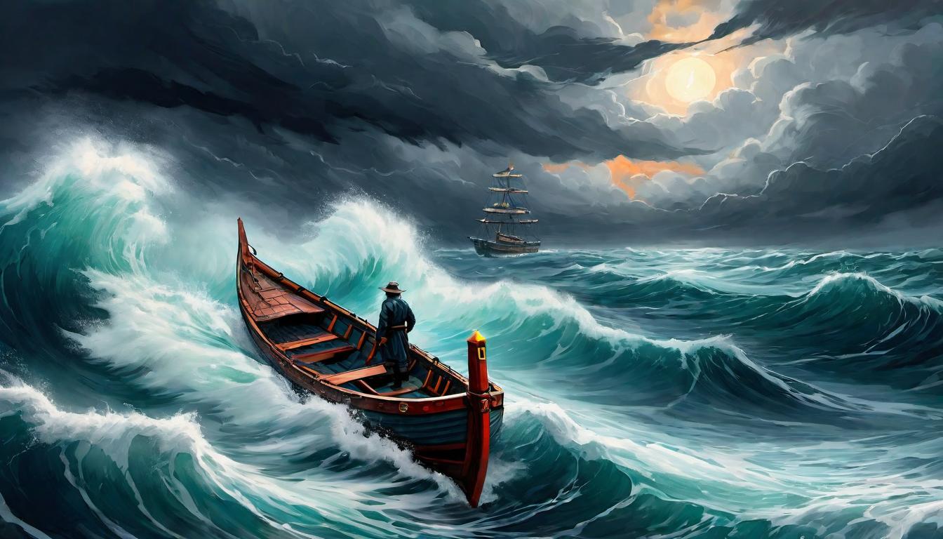  digital painting of A stormy sea under dark, swirling clouds, a single lantern glowing faintly on a small boat amidst tumultuous waves. Isolation, search for guidance, resilience, beacon of hope in despair, dramatic contrast looking at viewer, dynamic pose, (intricate details, masterpiece, best quality)