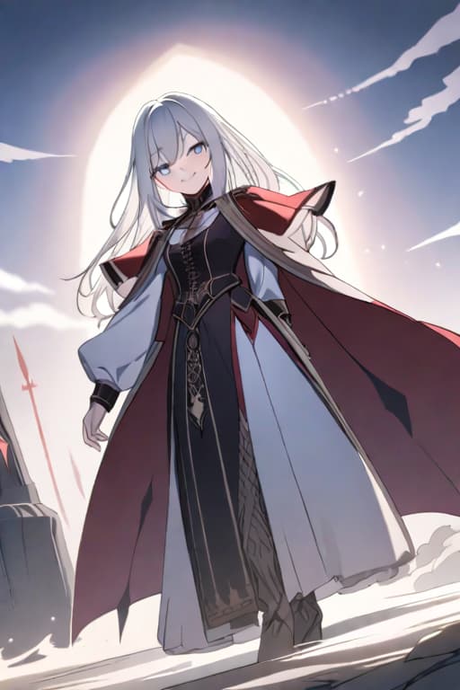  A medieval vampire count with long white hair and navy blue eyes, dressed in black and smiling hyperrealistic, full body, detailed clothing, highly detailed, cinematic lighting, stunningly beautiful, intricate, sharp focus, f/1. 8, 85mm, (centered image composition), (professionally color graded), ((bright soft diffused light)), volumetric fog, trending on instagram, trending on tumblr, HDR 4K, 8K