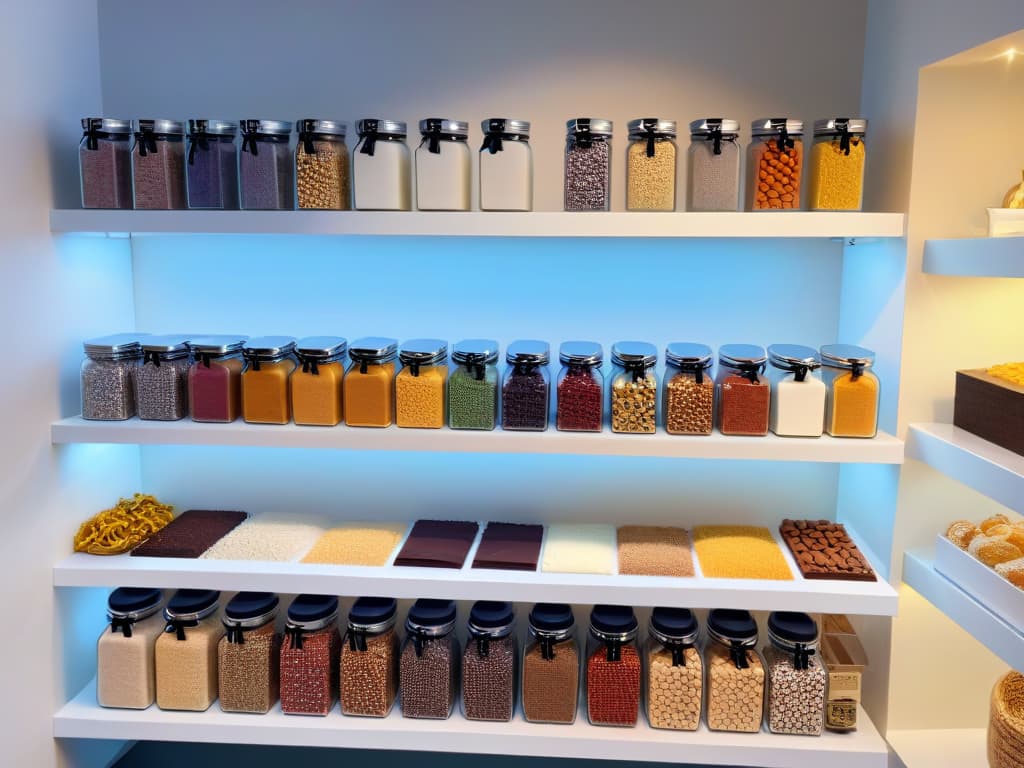  A closeup, ultradetailed image of a sleek, modern kitchen pantry organized with neatly stacked jars of colorful sprinkles, chocolate chips, and various baking ingredients. The labels on the jars are perfectly aligned, showcasing a minimalist and organized approach to inventory management for bakers. hyperrealistic, full body, detailed clothing, highly detailed, cinematic lighting, stunningly beautiful, intricate, sharp focus, f/1. 8, 85mm, (centered image composition), (professionally color graded), ((bright soft diffused light)), volumetric fog, trending on instagram, trending on tumblr, HDR 4K, 8K