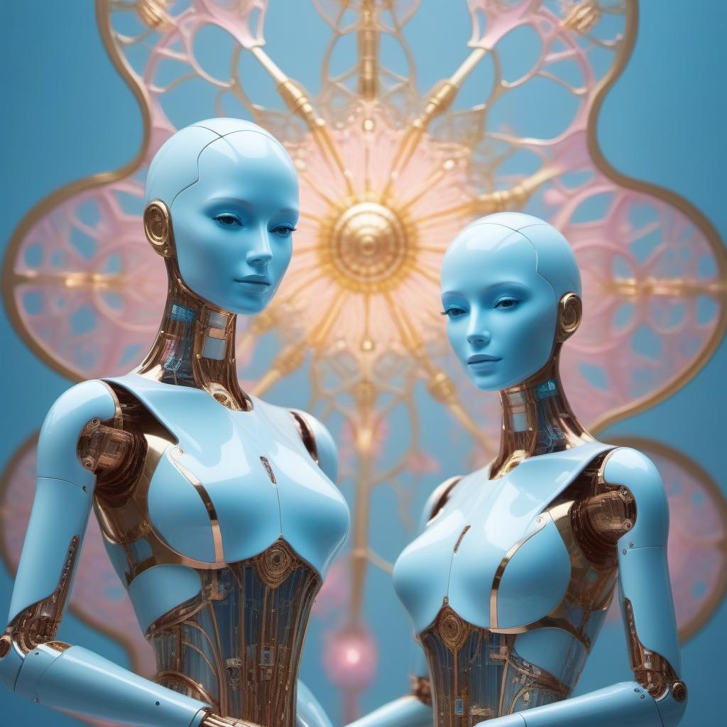  Two robots from luminous neurons are dancing, robots of the future, with the face of a girl, around a luminous fountain of light blue neurons, pink gold vonis.Art