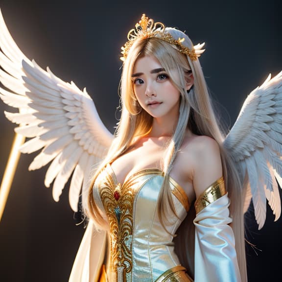  masterpiece, high quality, 4K, HDR BREAK A beautiful female angel with long flowing white hair, glowing skin, and large feathered wings. She is wearing a flowing white robe and a golden halo above her head. BREAK A female angel with long flowing white hair, glowing skin, and large feathered wings. She is wearing a flowing white robe and a golden halo above her head. BREAK The angel is standing with her arms outstretched, her wings spread wide, and a serene expression on her face. BREAK The angel is standing in a heavenly, cloud filled sky with a warm, glowing light surrounding her. hyperrealistic, full body, detailed clothing, highly detailed, cinematic lighting, stunningly beautiful, intricate, sharp focus, f/1. 8, 85mm, (centered image composition), (professionally color graded), ((bright soft diffused light)), volumetric fog, trending on instagram, trending on tumblr, HDR 4K, 8K