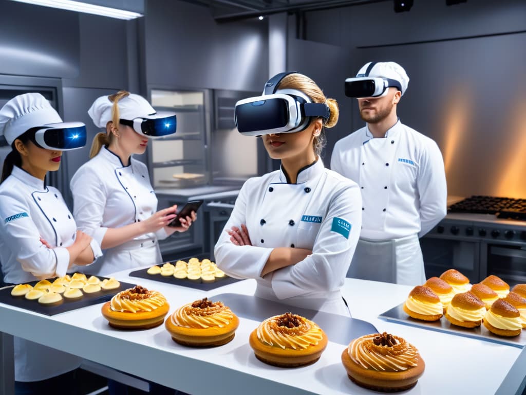  A photorealistic image showcasing a professional kitchen filled with advanced virtual reality equipment, where a group of aspiring pastry chefs wearing VR headsets are immersed in a virtual baking simulation. The scene captures their intense focus as they interact with lifelike digital ingredients and tools, surrounded by futuristic technology and holographic displays showing intricate dessert recipes. The atmosphere is vibrant and inspiring, highlighting the cuttingedge use of virtual reality in professional pastry training. hyperrealistic, full body, detailed clothing, highly detailed, cinematic lighting, stunningly beautiful, intricate, sharp focus, f/1. 8, 85mm, (centered image composition), (professionally color graded), ((bright soft diffused light)), volumetric fog, trending on instagram, trending on tumblr, HDR 4K, 8K