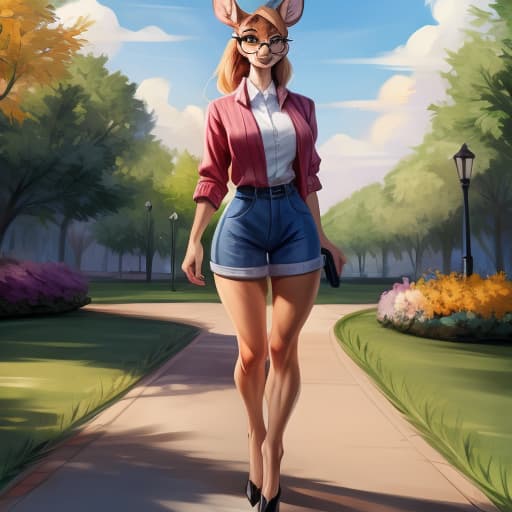  Deer, girl, glasses, johnfoxart, park, best quality, best anatomy, full height, open eyes, digital art, masterpiece, 4k, fine details,