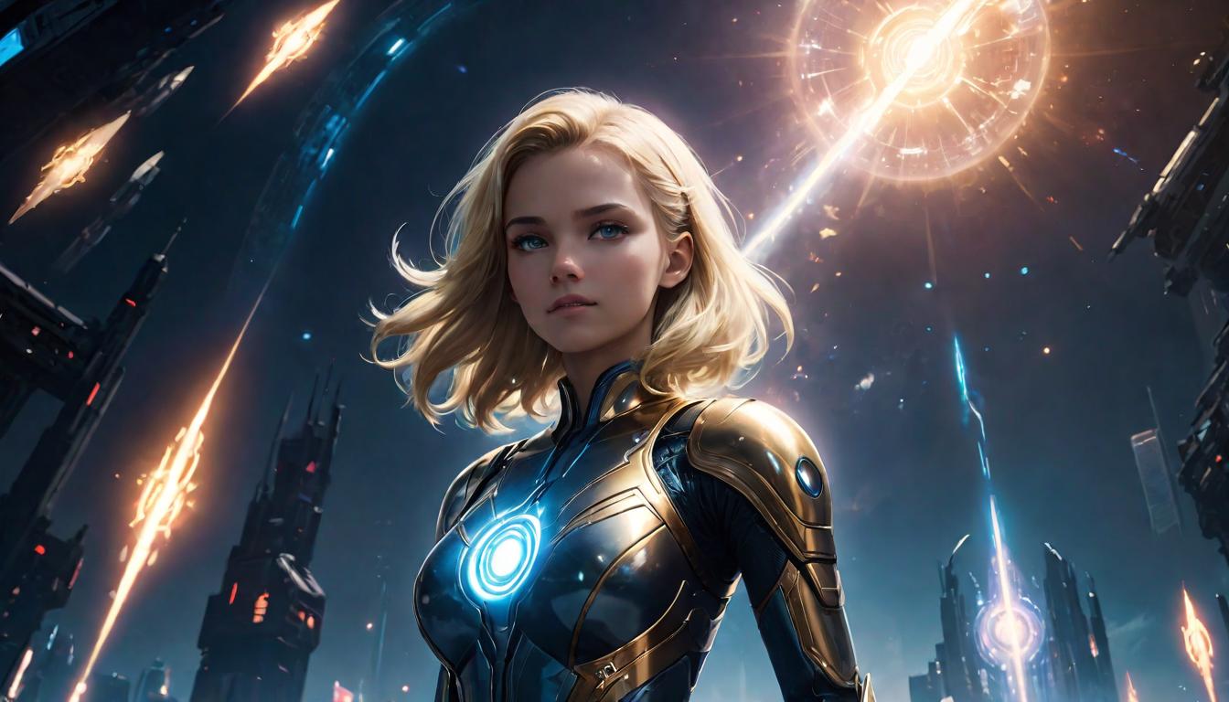  1girl, large busted attractive blonde arian female humanoid, standing tall with a glowing aura, surrounded by shimmering celestial symbols, theme of resilience and confidence, high tech clothing clad in sleek, futuristic costume with metallic accents and form fitting designs, marvel superhero comics style, unreal engine rendering