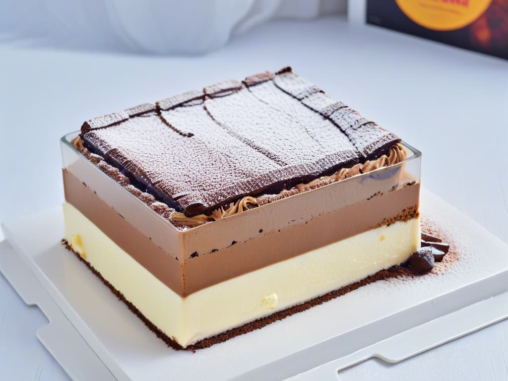  A closeup, ultradetailed image of a perfectly layered tiramisù dessert in a transparent glass dish, showcasing the intricate layers of coffeesoaked ladyfingers, rich mascarpone cream, and a dusting of cocoa powder on top. The focus is on the texture and delicate balance of the dessert, highlighting the glossy sheen of the cream and the fine cocoa particles, all set against a soft, blurred background to enhance the minimalistic aesthetic. hyperrealistic, full body, detailed clothing, highly detailed, cinematic lighting, stunningly beautiful, intricate, sharp focus, f/1. 8, 85mm, (centered image composition), (professionally color graded), ((bright soft diffused light)), volumetric fog, trending on instagram, trending on tumblr, HDR 4K, 8K