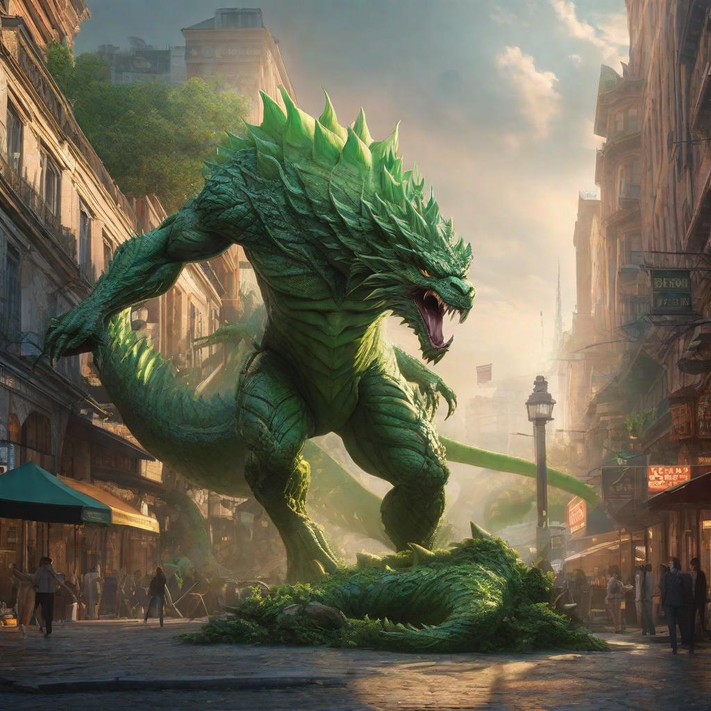  🟢genera un kaiju de color verde llamado Vortex🟢, artgerm, jeremy, lipkin, michael, garmash detailed digital art, radiant, light, detailed, intricate, environment hyperrealistic, full body, detailed clothing, highly detailed, cinematic lighting, stunningly beautiful, intricate, sharp focus, f/1. 8, 85mm, (centered image composition), (professionally color graded), ((bright soft diffused light)), volumetric fog, trending on instagram, trending on tumblr, HDR 4K, 8K