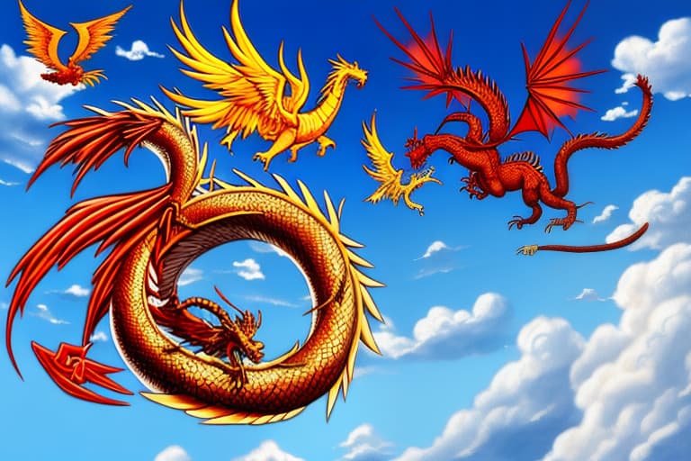  A nine legged Chinese dragon and a phoenix flying above in the sky