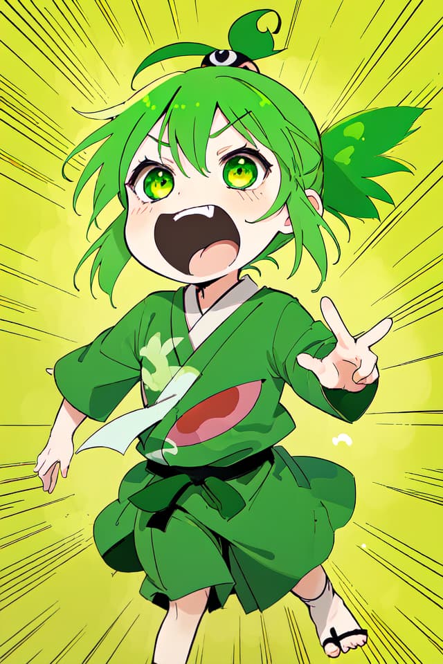  Green hair character Barakuraba, shouting, background is Takebayashi tei