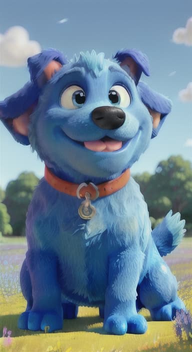  {A happy, big blue dog wagging its tail in a colorful meadow, The big blue dog is large with sky blue fur, big round eyes, a black nose, and floppy ears.