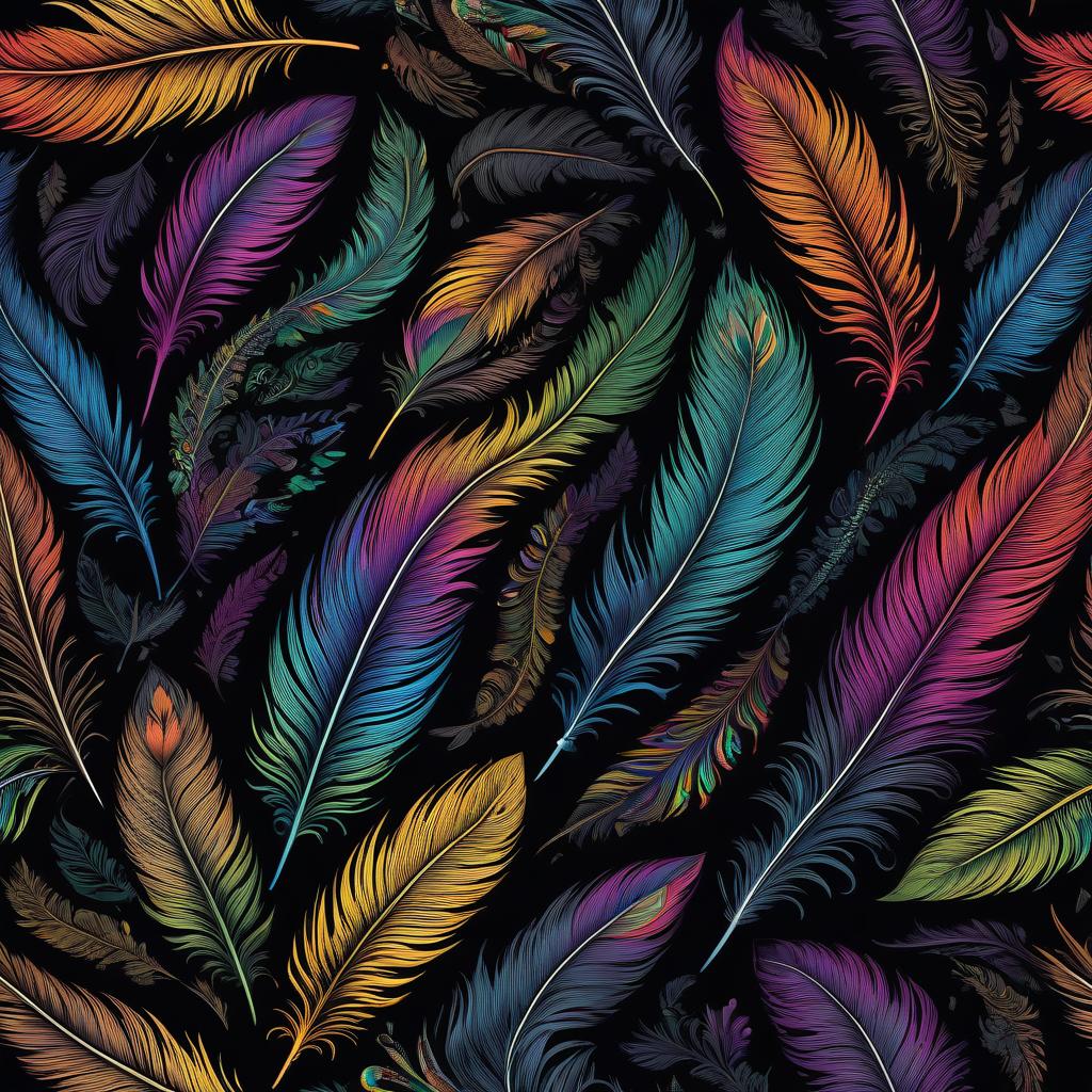  cinematic film still An artistic representation of an elegant feather in rainbow colors, with intricate patterns and designs that form the shape of different symbols or shapes. The background is black to highlight each color and pattern on the bird's feathers. T shirt design graphic, vector, contour, on a flat black background. ar 1:2 . shallow depth of field, vignette, highly detailed, high budget, bokeh, cinemascope, moody, epic, gorgeous, film grain, grainy hyperrealistic, full body, detailed clothing, highly detailed, cinematic lighting, stunningly beautiful, intricate, sharp focus, f/1. 8, 85mm, (centered image composition), (professionally color graded), ((bright soft diffused light)), volumetric fog, trending on instagram, trending on tumblr, HDR 4K, 8K