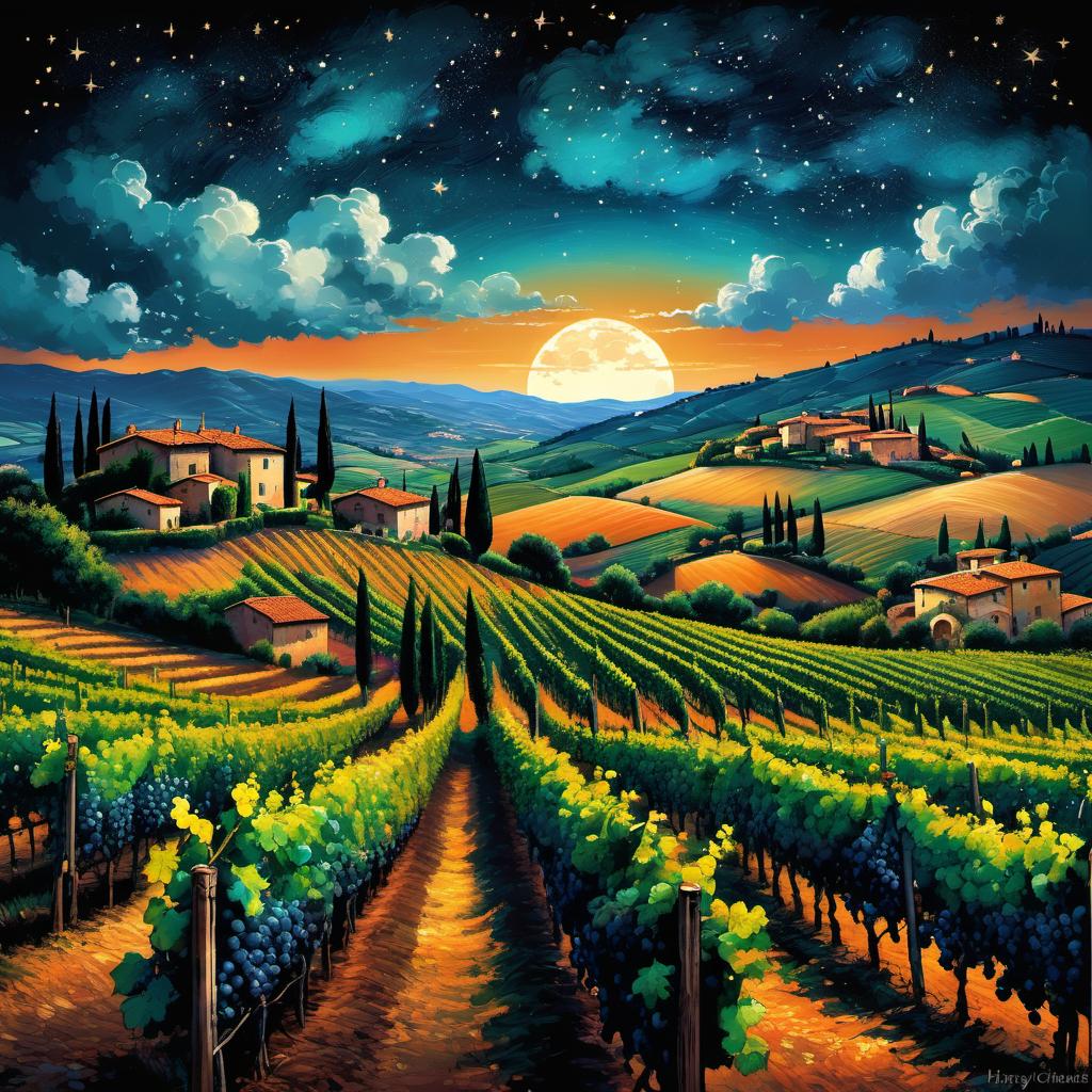  Vineyards in Tuscany, starry sky, clouds, vivid, highly detailed, by Hayao Miyazaki, hand-drawn, Midnight, whimsical, (enchanting atmosphere:1.1), warm lighting , depth of field, Wacom Cintiq, Adobe Photoshop, 300 DPI, (hdr:1.2), dark shadows, (teal and orange:0.3)