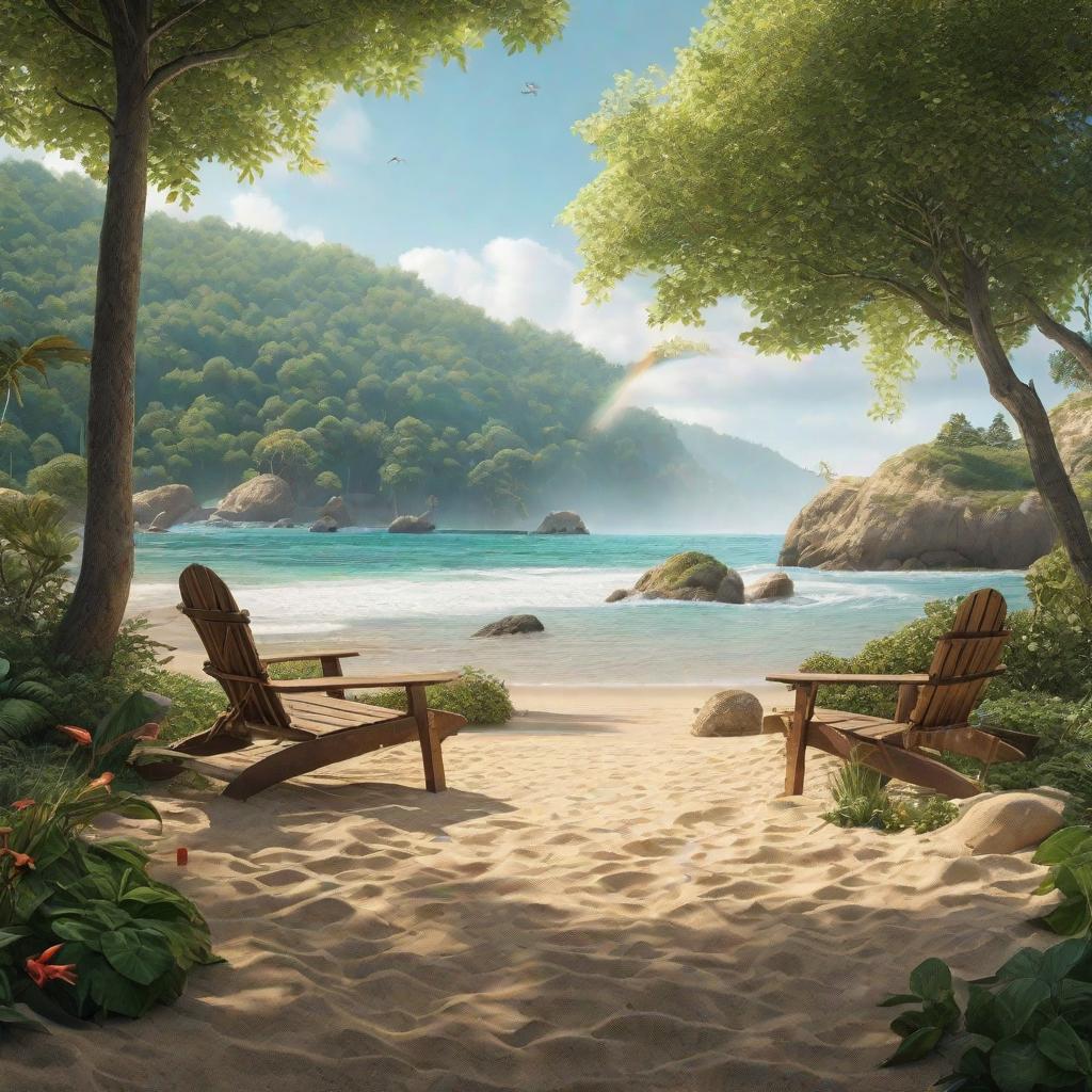  Noon, a beautiful well-groomed beach with small shells, located in the forest, a short wide wooden pier goes into the sea, a bonfire and a wide green camping tent on the shore, dolphins swim in the distance, a beautiful landscape hyperrealistic, full body, detailed clothing, highly detailed, cinematic lighting, stunningly beautiful, intricate, sharp focus, f/1. 8, 85mm, (centered image composition), (professionally color graded), ((bright soft diffused light)), volumetric fog, trending on instagram, trending on tumblr, HDR 4K, 8K