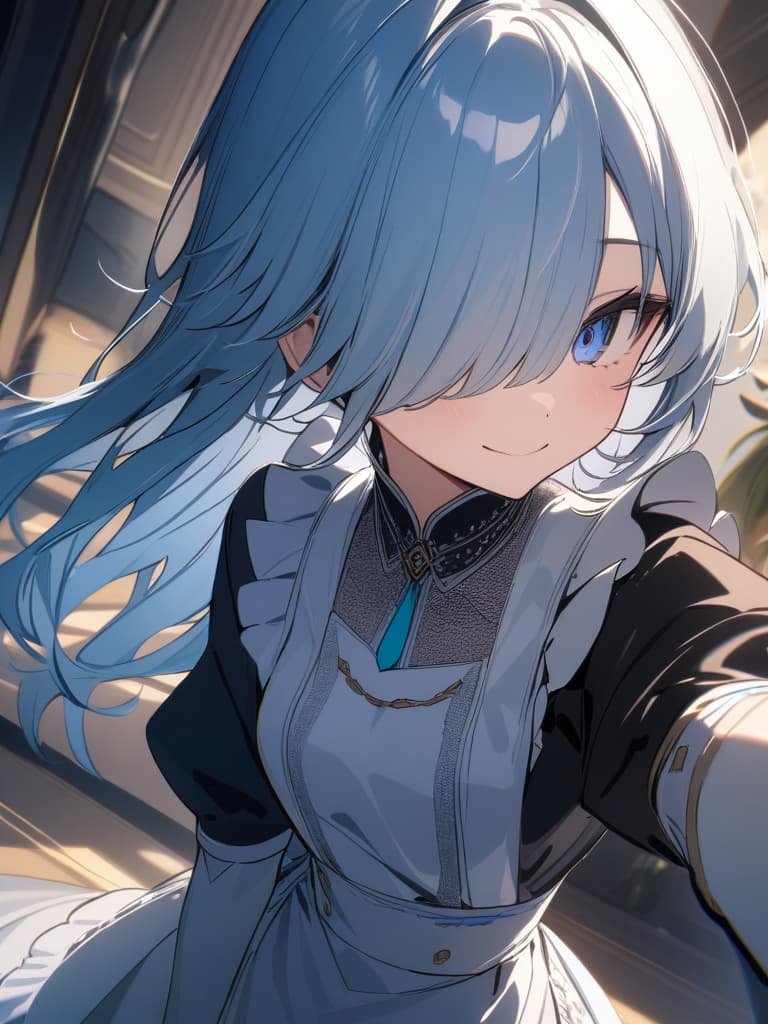  ultra detailed:1.2masterpiece:1.2,best quality,masterpiece,bestquality,hdr:1.1,8k:1.1,very cute :1.3,long hair forehead :1.4,(hair over eyes:1.3),bangs transparent:1.3(blue hair )(maid :1.4, smile ,upper body,Dutch angles:1.3,luxury room:1.3,celtic patterns:1.2,face focus:1.3, masterpiece, best quality,8k,ultra detailed,high resolution,an extremely delicate and beautiful,hyper detail