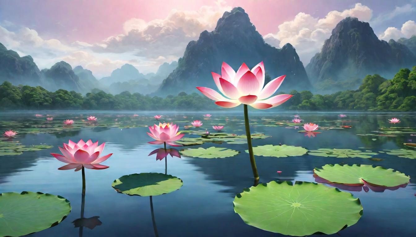  digital illustration A giant lotus bloom in the midst of a calm lake, petals opening to reveal a glowing core, collective consciousness awakening, unity, serene transformation looking at viewer, dynamic pose, (intricate details, masterpiece, best quality)