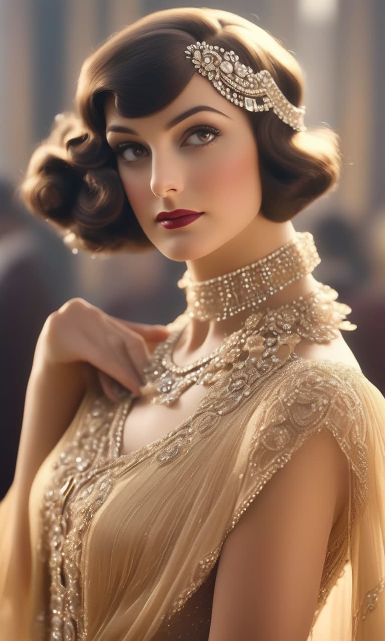  The head and neck of a brunette girl in the style of the 1920s 1930s, in an elegant adornment. hyperrealistic, full body, detailed clothing, highly detailed, cinematic lighting, stunningly beautiful, intricate, sharp focus, f/1. 8, 85mm, (centered image composition), (professionally color graded), ((bright soft diffused light)), volumetric fog, trending on instagram, trending on tumblr, HDR 4K, 8K