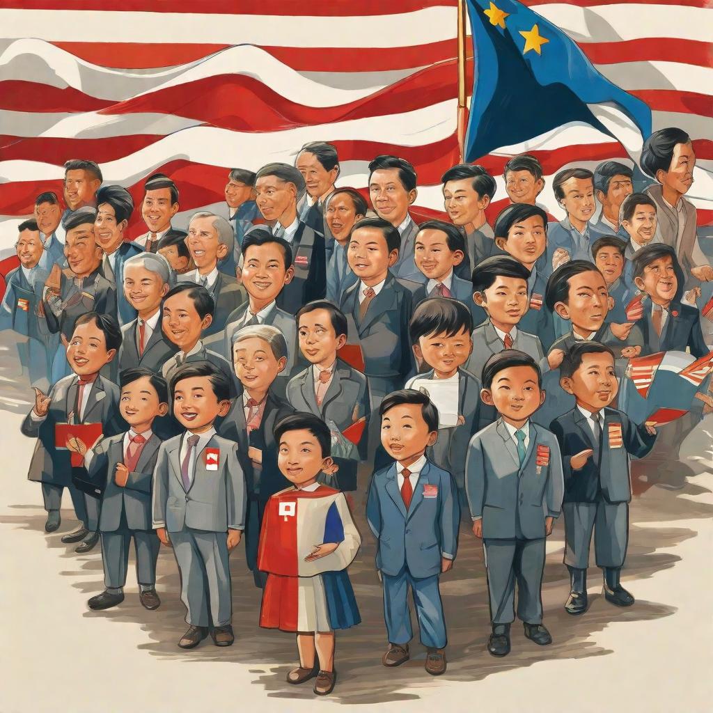  masterpiece, best quality,Draw cartoons of several young party members solemnly swearing in front of the national flag