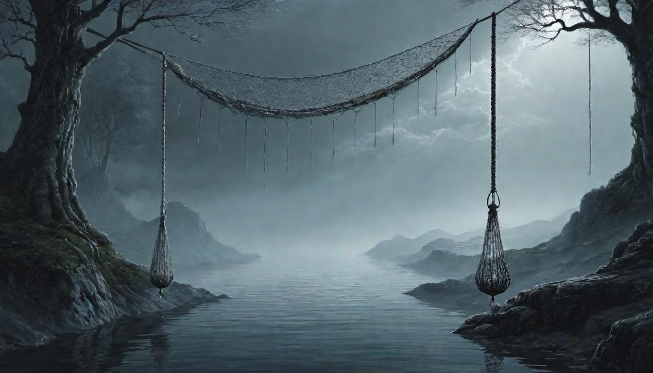  （surrealism)A fragile thread, strung between two precipices, delicate and silver, weight of destiny hanging in the balance, one wrong move threatens to snap it, looming shadows symbolizing risk, fragile yet pivotal, tension filled moment mystic, intricate details, best quality)