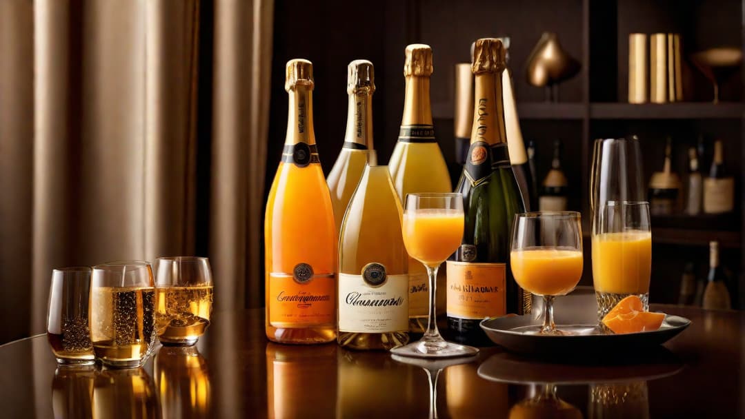  Create an image that depicts a variety of champagne bottles and orange juice, positioned in an elegant setting, to visually represent the article "What Champagne Goes with Mimosas". hyperrealistic, full body, detailed clothing, highly detailed, cinematic lighting, stunningly beautiful, intricate, sharp focus, f/1. 8, 85mm, (centered image composition), (professionally color graded), ((bright soft diffused light)), volumetric fog, trending on instagram, trending on tumblr, HDR 4K, 8K