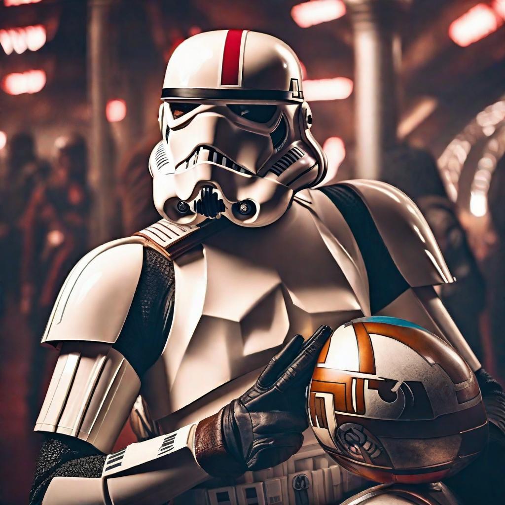  Star Wars con la remera de River Plate hyperrealistic, full body, detailed clothing, highly detailed, cinematic lighting, stunningly beautiful, intricate, sharp focus, f/1. 8, 85mm, (centered image composition), (professionally color graded), ((bright soft diffused light)), volumetric fog, trending on instagram, trending on tumblr, HDR 4K, 8K