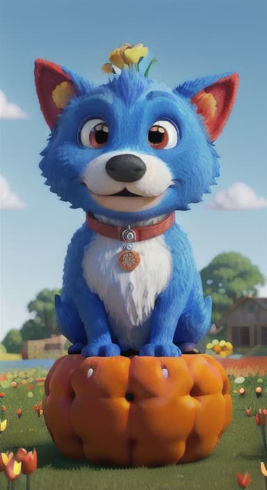  {The red ball nestled in a bed of colorful flowers like daisies and tulips, The big blue dog is large with sky blue fur, big round eyes, a black nose, and floppy ears.