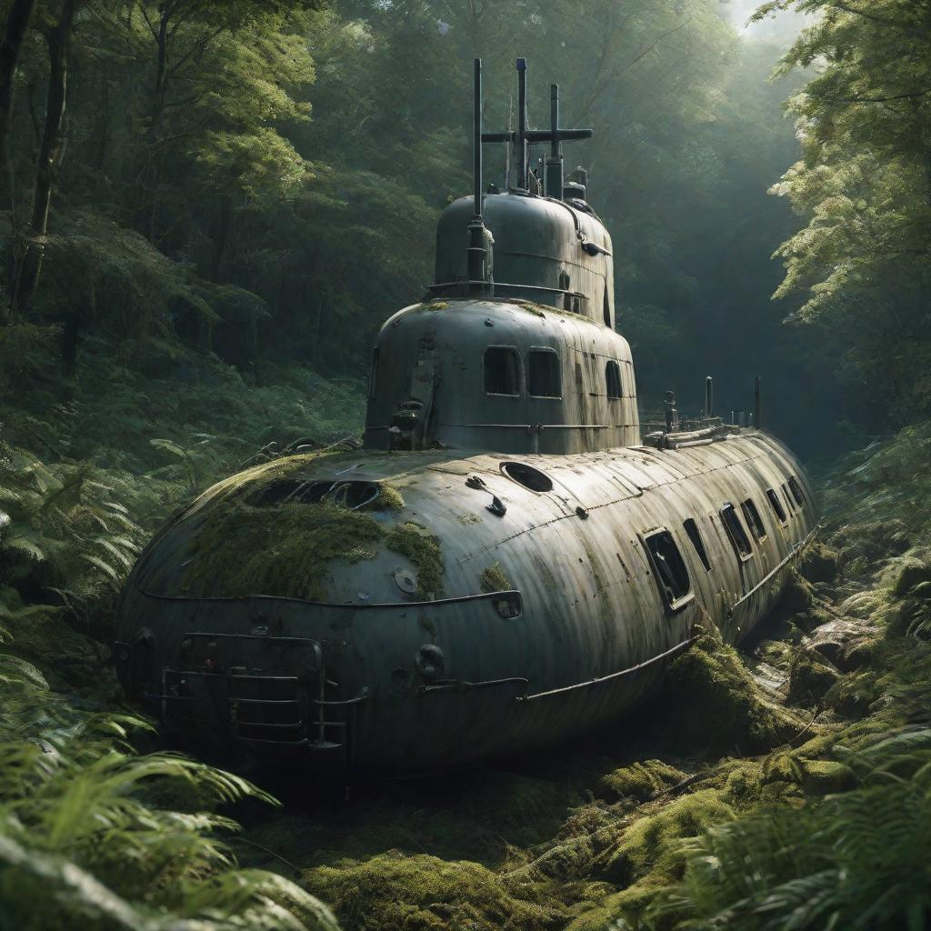  damaged submarine in a forest, super realistic, cinematic high detailed, ultra realistic, cute, hyper detail, full HD hyperrealistic, full body, detailed clothing, highly detailed, cinematic lighting, stunningly beautiful, intricate, sharp focus, f/1. 8, 85mm, (centered image composition), (professionally color graded), ((bright soft diffused light)), volumetric fog, trending on instagram, trending on tumblr, HDR 4K, 8K