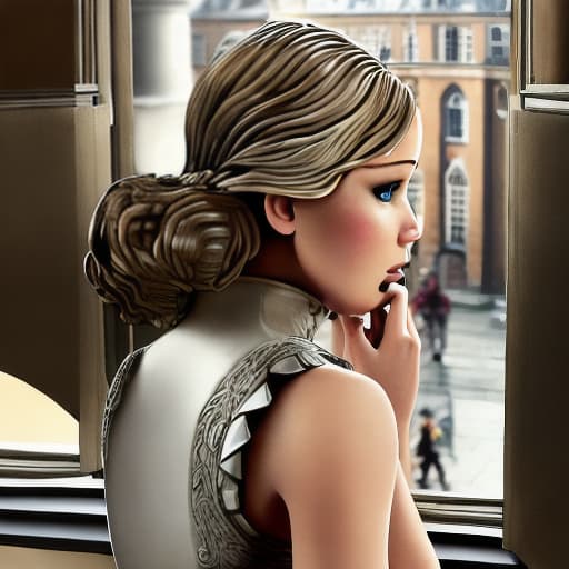  Jennifer Lawrence with amazing figures as a skinny dressed fantasy bentover and looking out of the window from palace leaning on her elbows,hands under chin,shaking naughtily with her tight in full view seen from the back