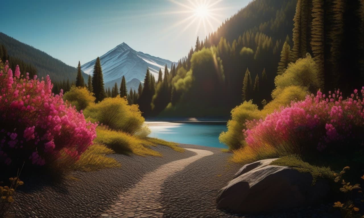  impressionist painting A wide gravel mountain road, stretching far beyond the horizon. On the left side is a wide mountain lake. To the right is a dense forest. In the background are high mountains with sharp, snow capped peaks. Along the shores of the lake and in the forest, abundant mountain flowers bloom. The sky is bright with a shining sun, illuminating the snow capped peaks and reflecting in the water. . loose brushwork, vibrant color, light and shadow play, captures feeling over form hyperrealistic, full body, detailed clothing, highly detailed, cinematic lighting, stunningly beautiful, intricate, sharp focus, f/1. 8, 85mm, (centered image composition), (professionally color graded), ((bright soft diffused light)), volumetric fog, trending on instagram, trending on tumblr, HDR 4K, 8K