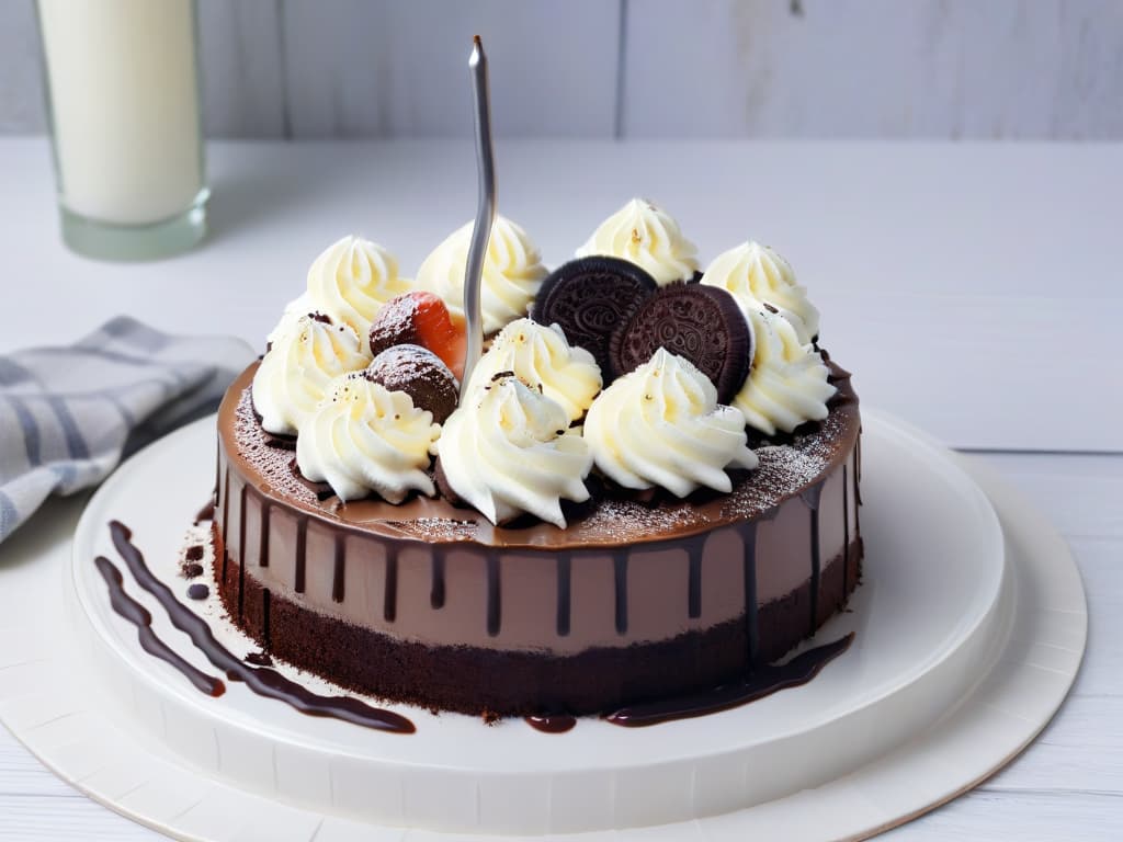  A decadent slice of Mississippi Mud Pie on a sleek, modern plate, showcasing the layers of rich chocolate filling, Oreo cookie crust, and fluffy whipped cream topping. The pie is drizzled with a glossy chocolate sauce, with a dusting of cocoa powder for an elegant finishing touch. The background is a soft, muted color to enhance the minimalistic feel of the image, allowing the focus to remain on the intricate details of the dessert. hyperrealistic, full body, detailed clothing, highly detailed, cinematic lighting, stunningly beautiful, intricate, sharp focus, f/1. 8, 85mm, (centered image composition), (professionally color graded), ((bright soft diffused light)), volumetric fog, trending on instagram, trending on tumblr, HDR 4K, 8K