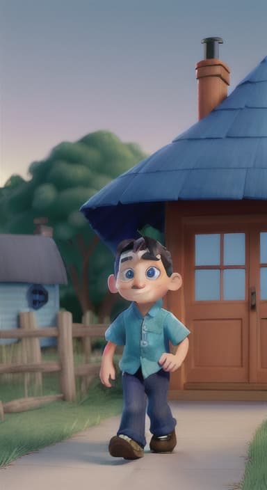  {Max walking back towards the cozy little house with droopy eyes, as twilight falls, The big blue dog is large with sky blue fur, big round eyes, a black nose, and floppy ears.