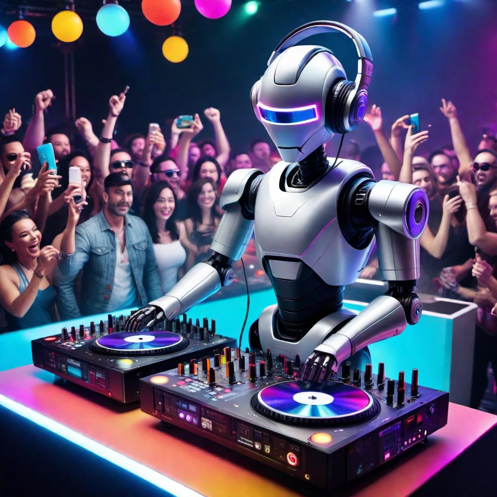  A robot DJ in a club setting, surrounded by colorful party lights, and an enthusiastic crowd dancing to the music. The robot should have a sleek, futuristic design, with headphones on its head and its mechanical arms expertly working on a DJ mixer and turntables. There should be a vibe of energy and excitement in the scene, with a hint of a futuristic cityscape visible in the background through large windows. hyperrealistic, full body, detailed clothing, highly detailed, cinematic lighting, stunningly beautiful, intricate, sharp focus, f/1. 8, 85mm, (centered image composition), (professionally color graded), ((bright soft diffused light)), volumetric fog, trending on instagram, trending on tumblr, HDR 4K, 8K