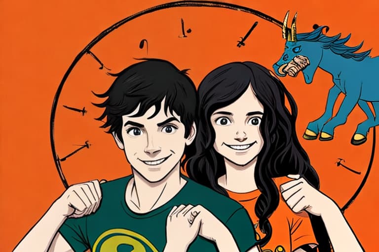  Percy Jackson and the daughter of Loki and Hera holding hands, laughing and both wearing orange T shirts that say ‘Camp Half-Blood’ on them and have a black Pegasus flying in a circle of black runes