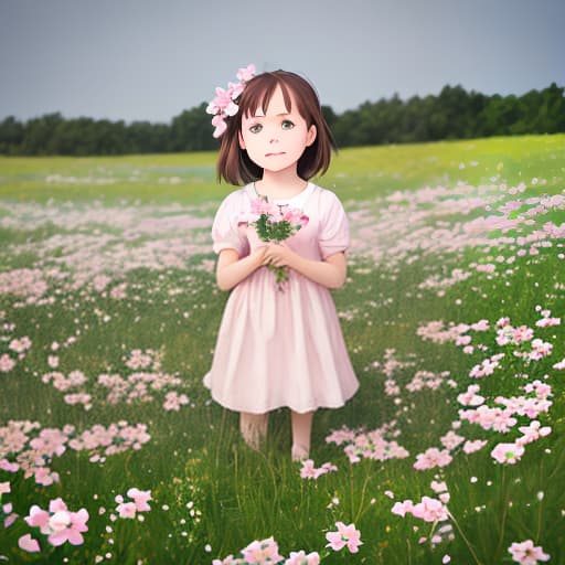  Little girl in a Meadows White Pink flowers